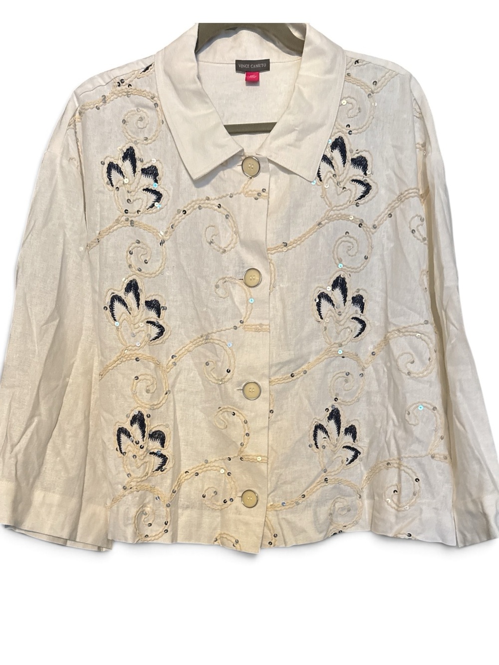Vince Camuto Blossom Bouquet Ivory Embroidered Sequin Linen Shirt. XXL NWT